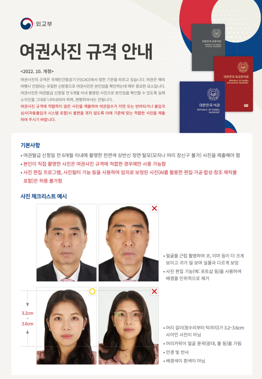 외교부 여권사진 규격 안내 첫 장: 기본사항과 사진 체크리스트 예시