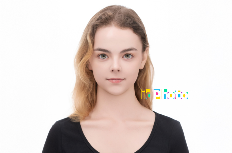 어깨 아래 밝은 갈색 머리에 검은 상의를 입은 흰 배경 증명사진, idPhoto 글자