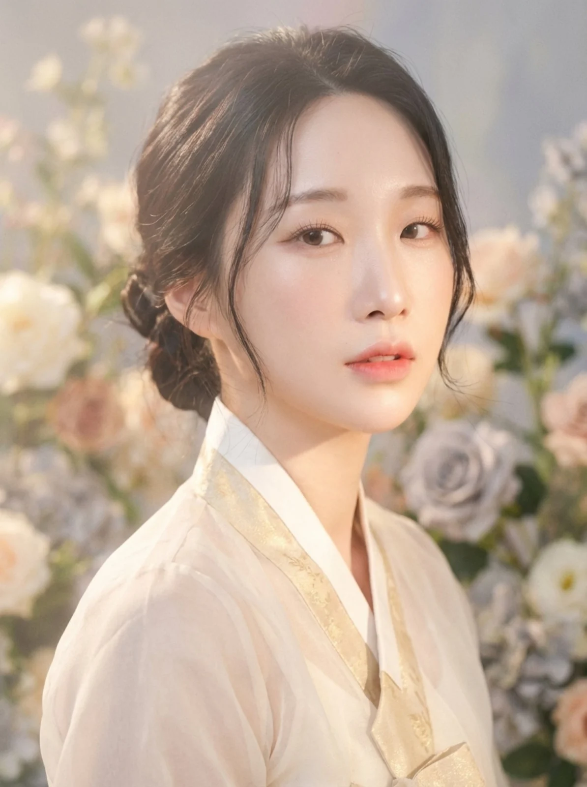 꽃 배경에서 머리를 묶고 아이보리 한복을 입은 한복 프로필 사진
