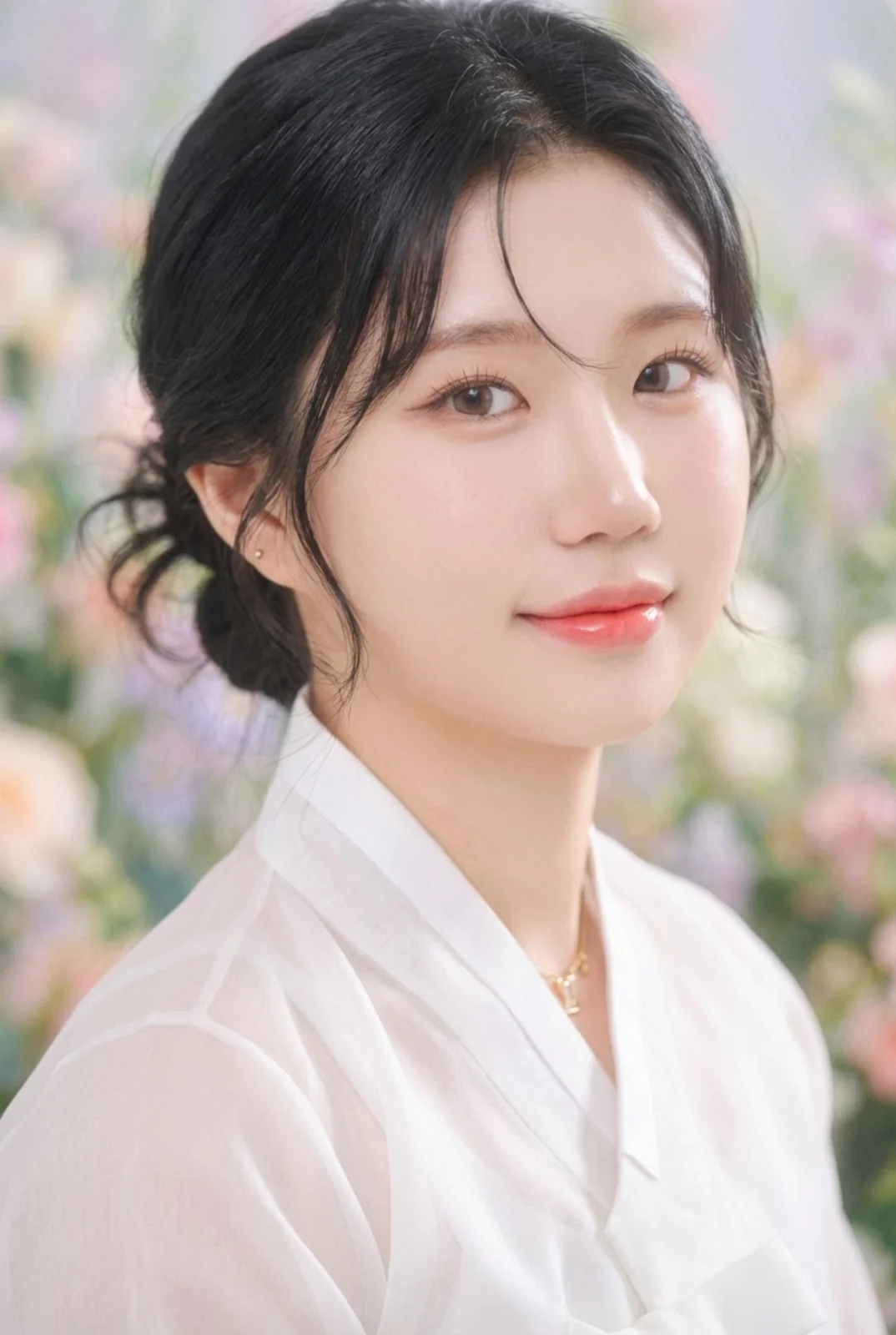 꽃 배경에서 흰 한복 차림으로 미소 짓는 한복 프로필 사진