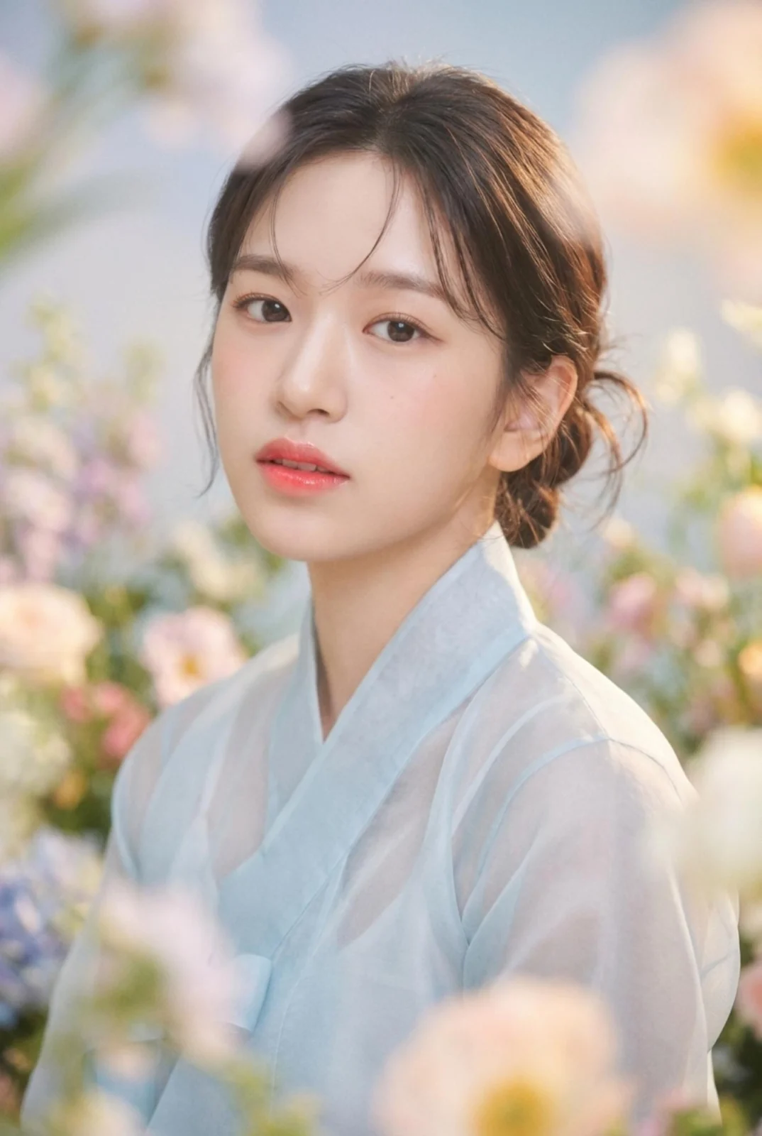 꽃 배경에서 하늘색 한복을 입은 한복 프로필 사진