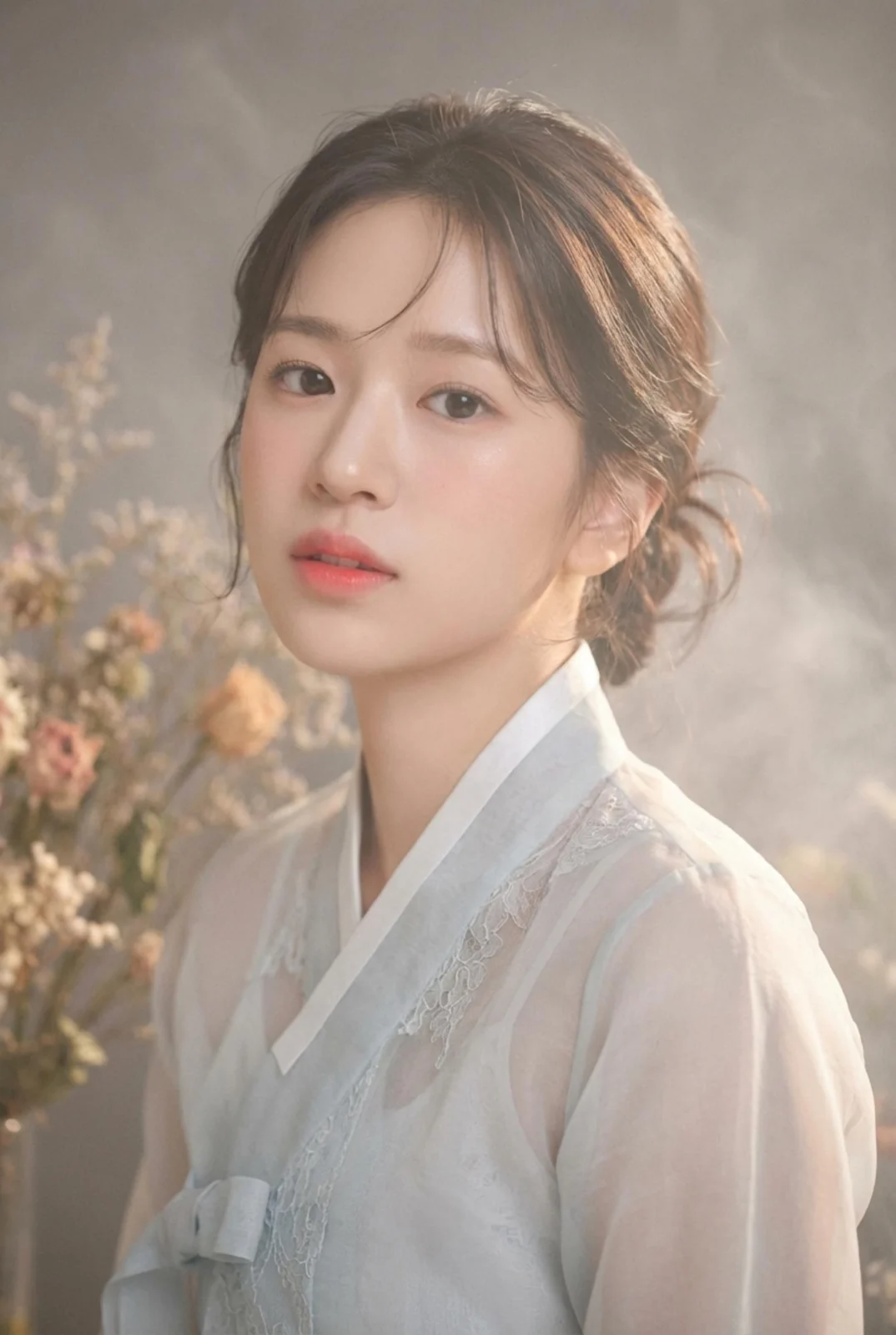 마른 꽃과 회색 배경에서 연하늘 한복을 입은 한복 프로필 사진