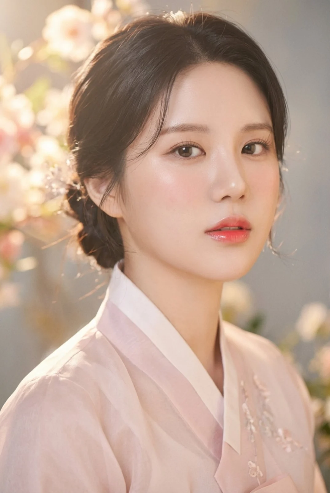 꽃 배경에서 연분홍 한복 차림으로 옆을 보는 한복 프로필 사진