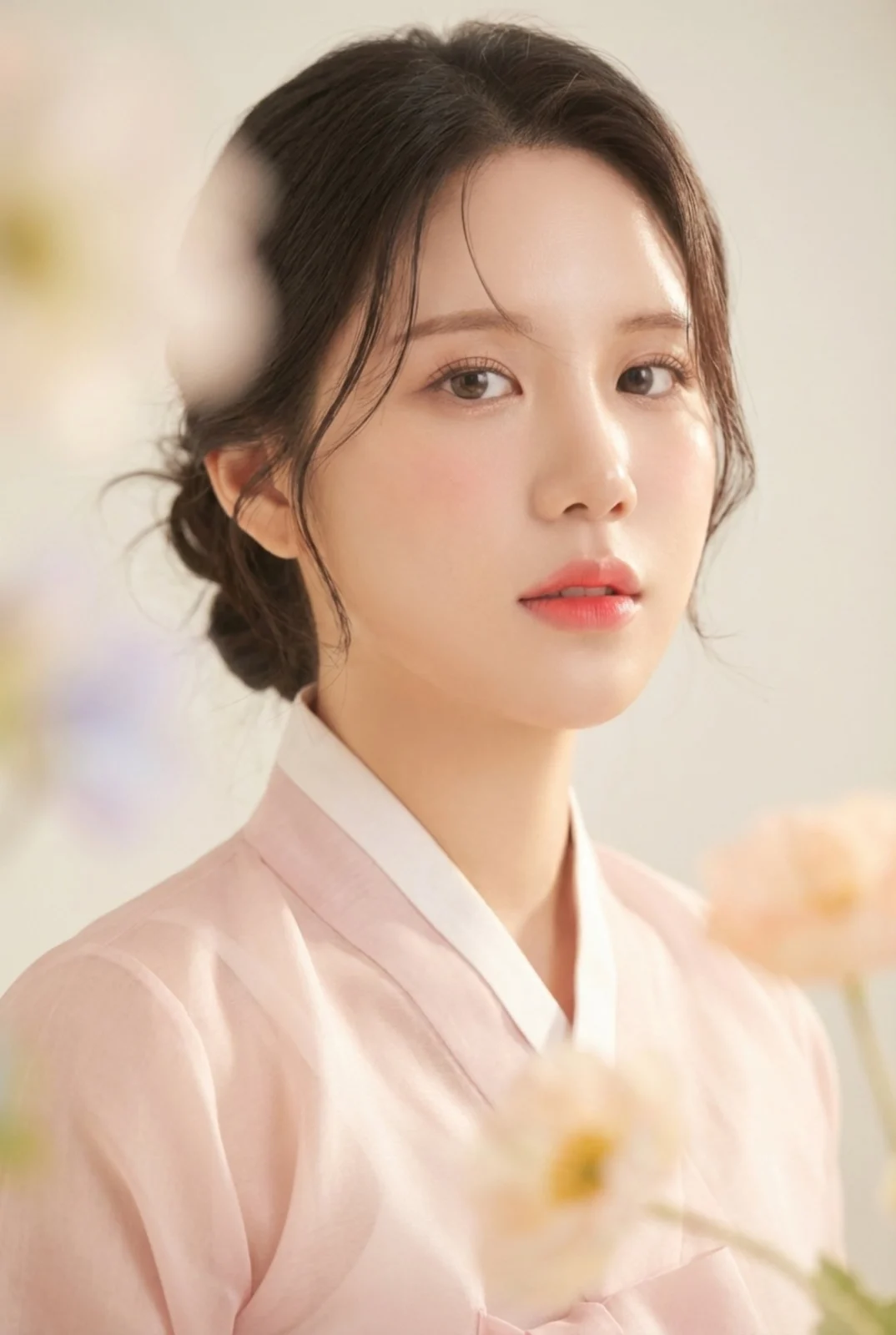 흐린 꽃잎이 앞에 보이는 연분홍 한복 차림 한복 프로필 사진