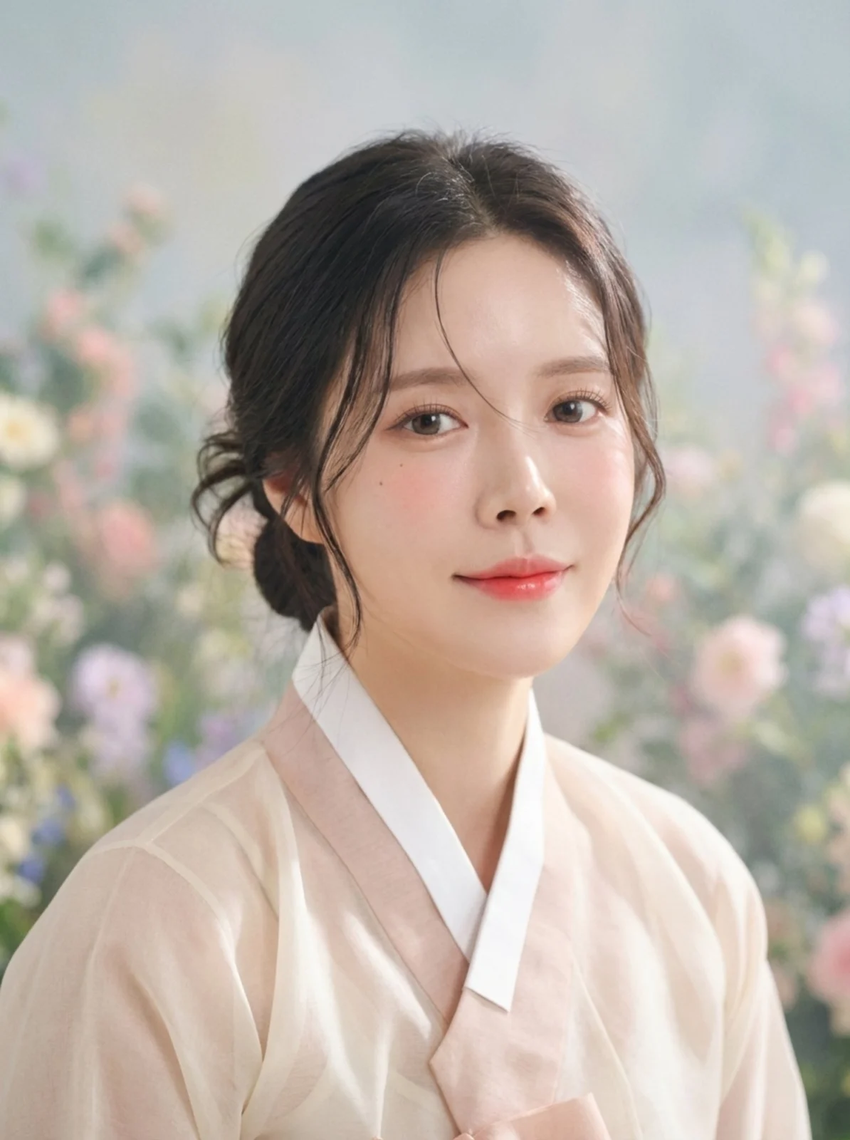 연한 꽃 배경에서 분홍 깃 한복을 입고 살짝 웃는 한복 프로필 사진
