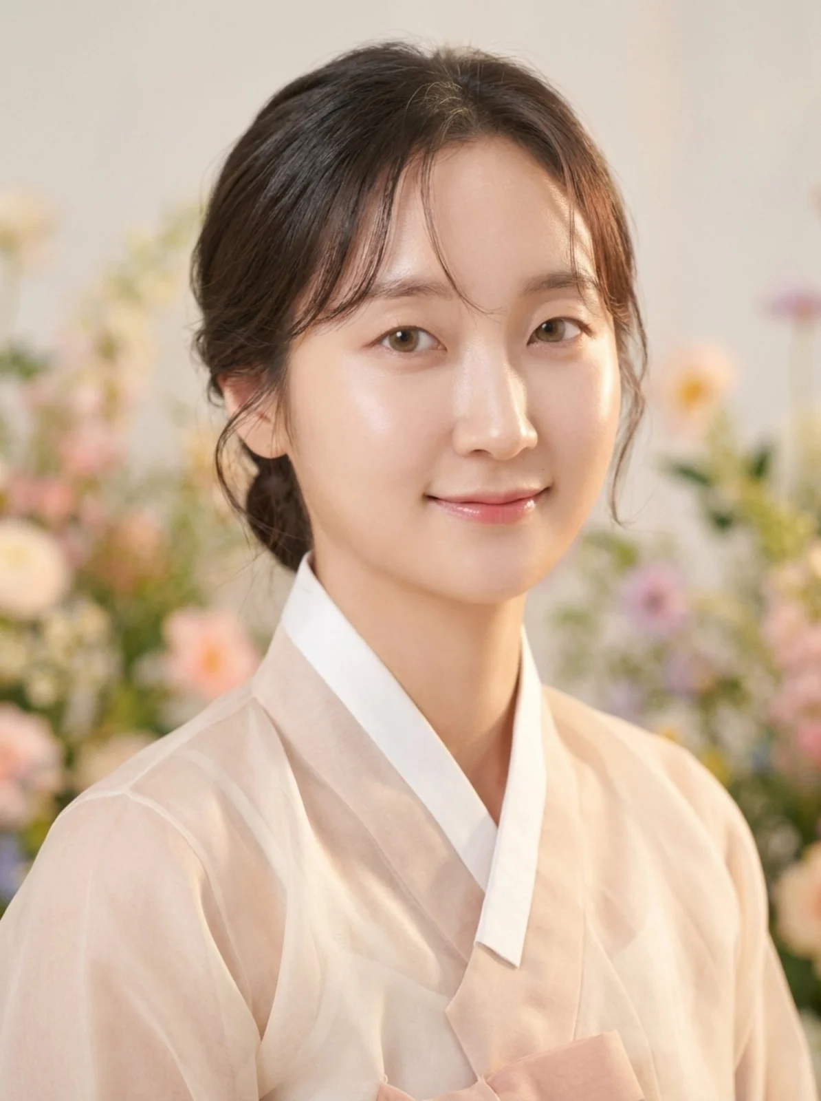 꽃 배경에서 연분홍 한복을 입고 정면을 보는 한복 프로필 사진