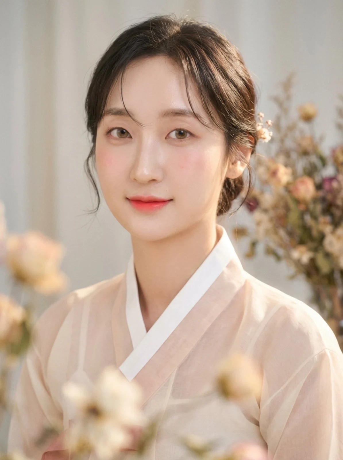 커튼과 마른 꽃 배경에서 연분홍 한복을 입은 한복 프로필 사진