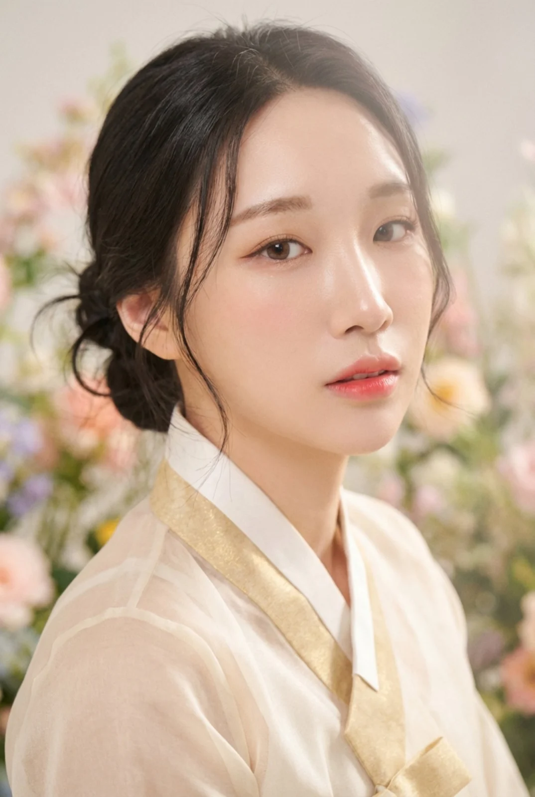 연한 꽃 배경에서 금색 깃 한복을 입고 고개를 돌린 한복 프로필 사진
