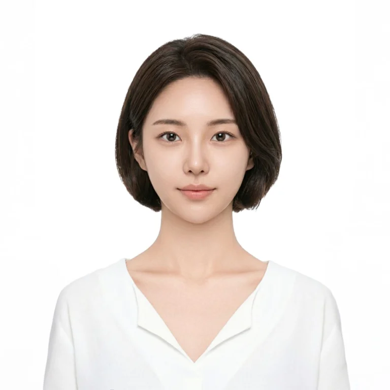 단발머리에 흰 브이넥 블라우스를 입은 인물의 흰 배경 증명사진