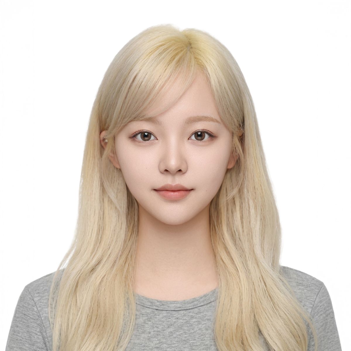 밝은 금발 긴 머리에 회색 티셔츠를 입은 인물의 흰 배경 증명사진