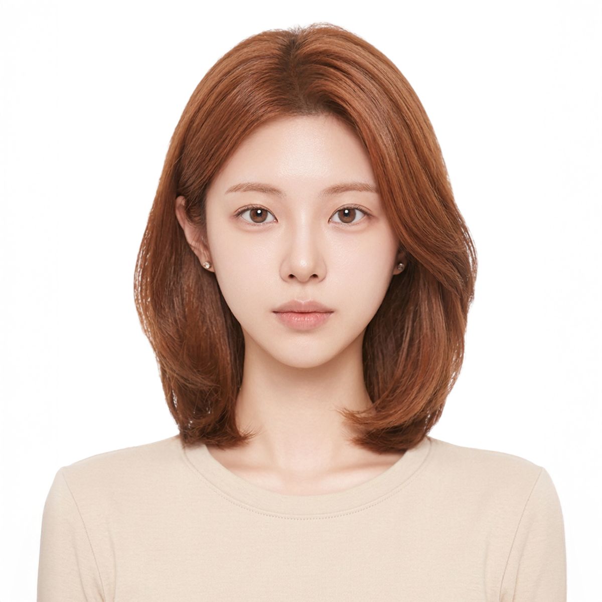 갈색 단발 웨이브에 베이지 티셔츠를 입은 인물의 흰 배경 증명사진