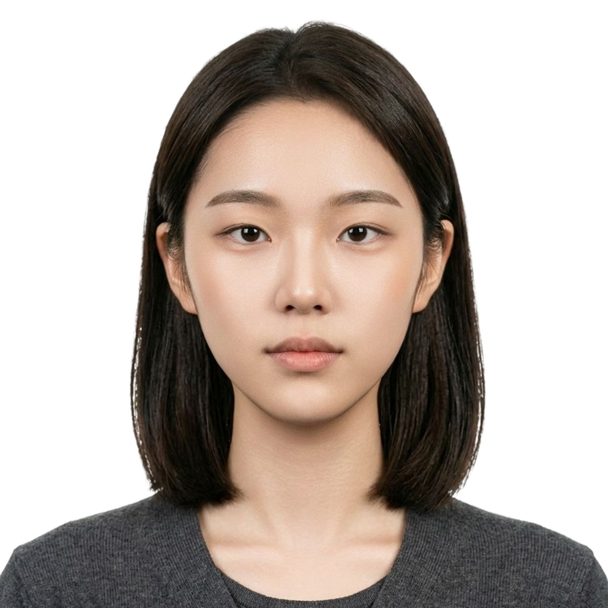 어깨 길이 생머리에 회색 니트를 입은 인물의 흰 배경 증명사진