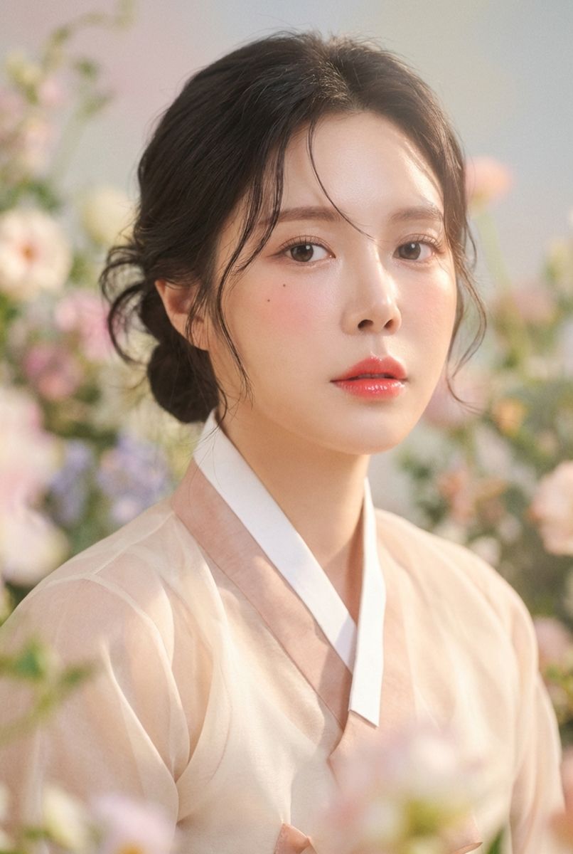 연살구 한복 저고리를 입고 낮게 묶은 머리, 꽃 배경 앞 정면 프로필 사진