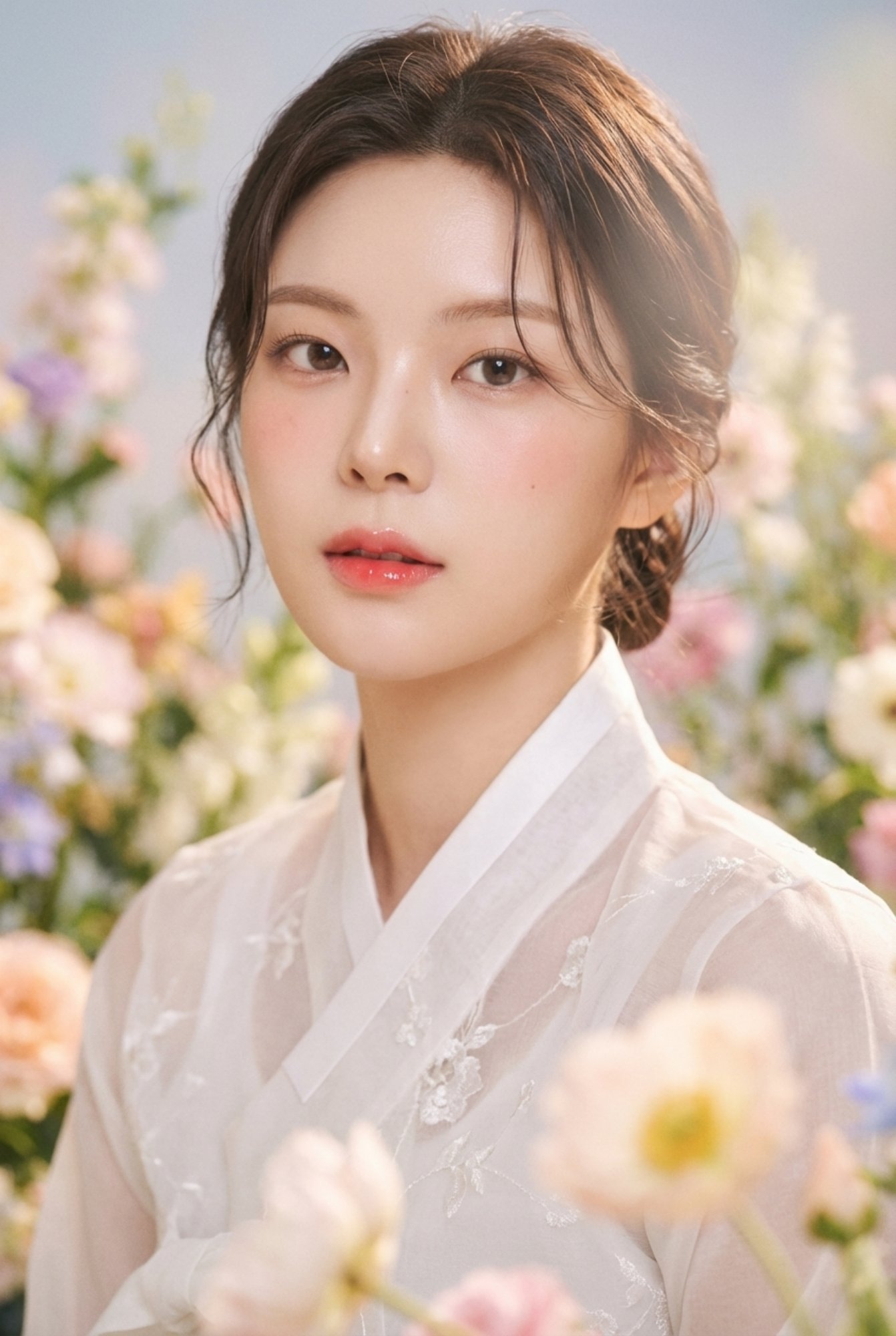 자수가 놓인 흰 한복 저고리에 낮게 묶은 머리, 꽃 사이에서 찍은 프로필