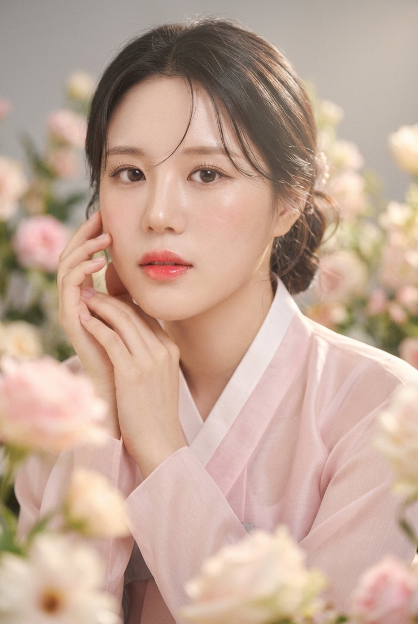 분홍 한복 저고리를 입고 한 손을 볼에 댄 인물, 분홍 꽃 배경의 프로필