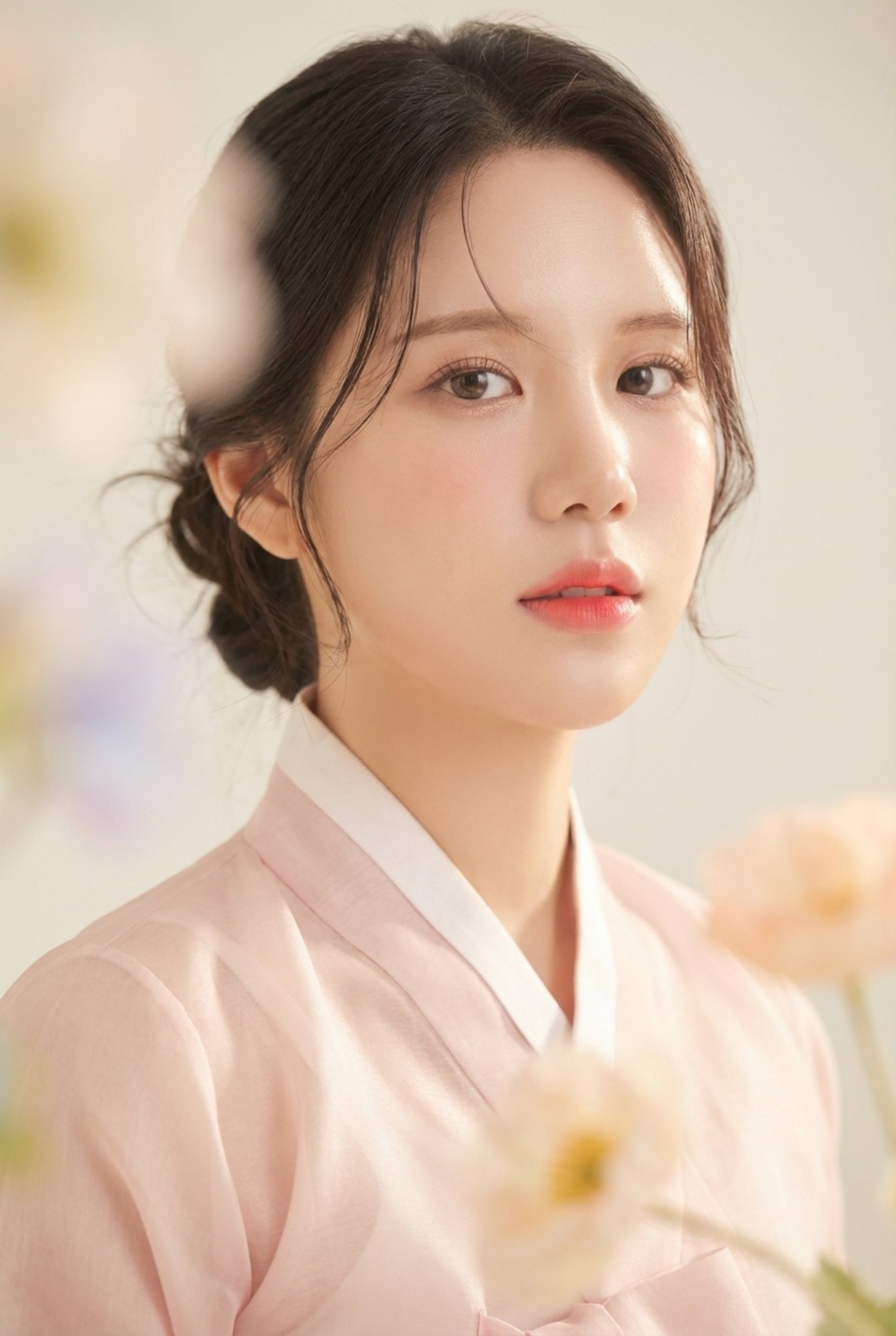 분홍 한복 저고리에 낮게 묶은 머리, 앞쪽에 흐린 꽃이 걸친 옆모습 프로필