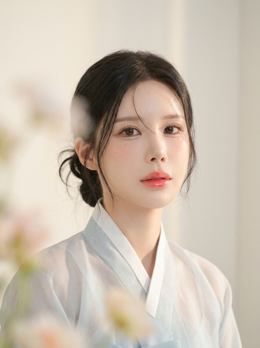 하늘빛 한복 저고리를 입고 낮게 묶은 머리, 앞에 흐린 꽃이 걸친 프로필