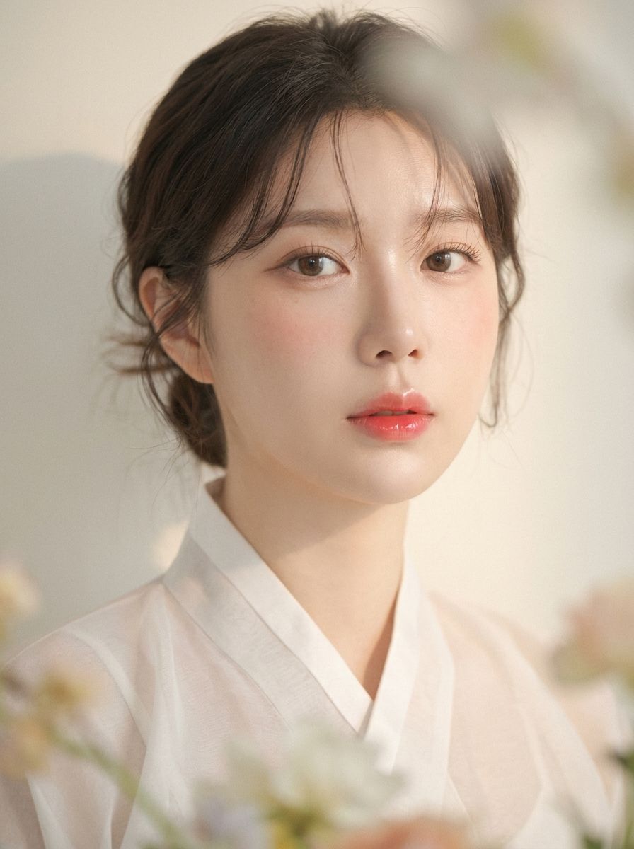 흰 한복 저고리를 입고 낮게 묶은 머리, 앞에 흐린 꽃이 걸친 프로필 사진