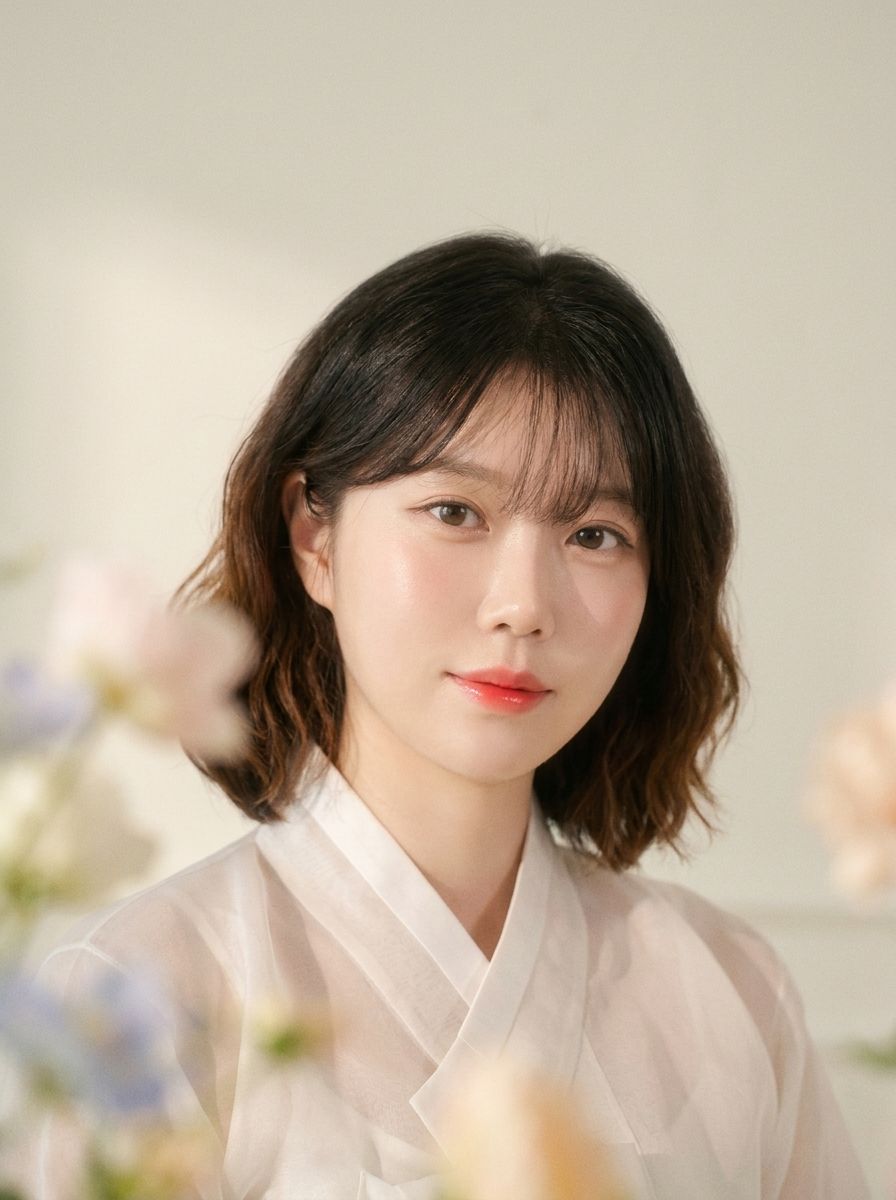 흰 한복 저고리를 입은 단발머리 인물, 앞쪽에 흐린 꽃이 걸친 프로필 사진