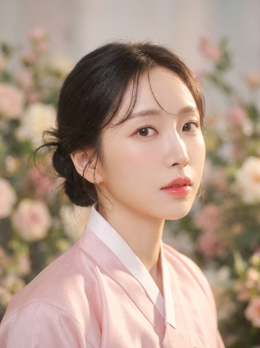 분홍 한복 저고리를 입고 낮게 묶은 머리, 분홍 꽃 배경의 옆모습 프로필