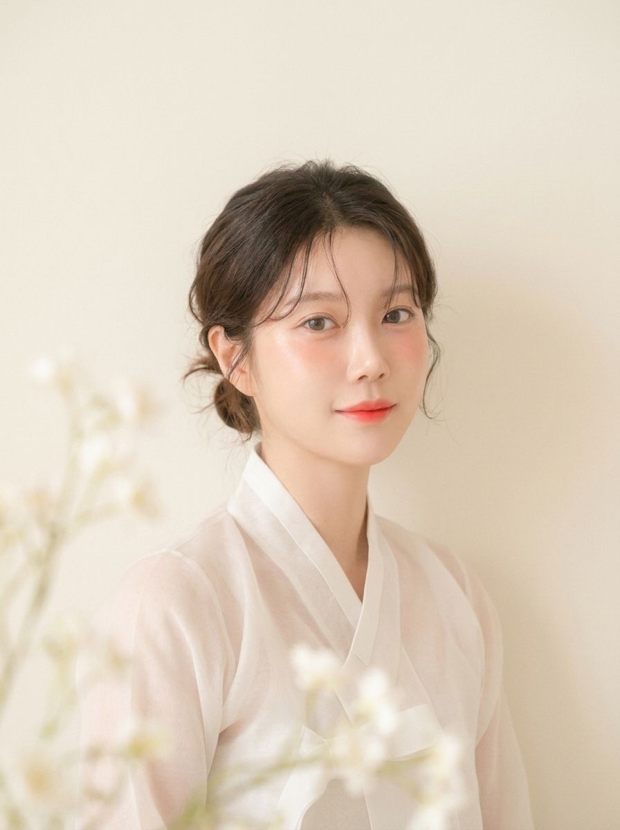 흰 한복 저고리 차림으로 낮게 묶은 머리, 앞에 흰 꽃가지가 흐린 프로필