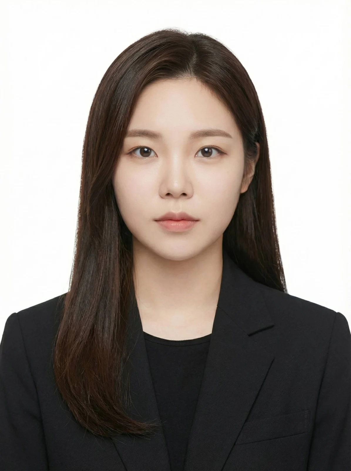 긴 머리에 검은 재킷과 검은 상의를 입은 인물의 흰 배경 증명사진