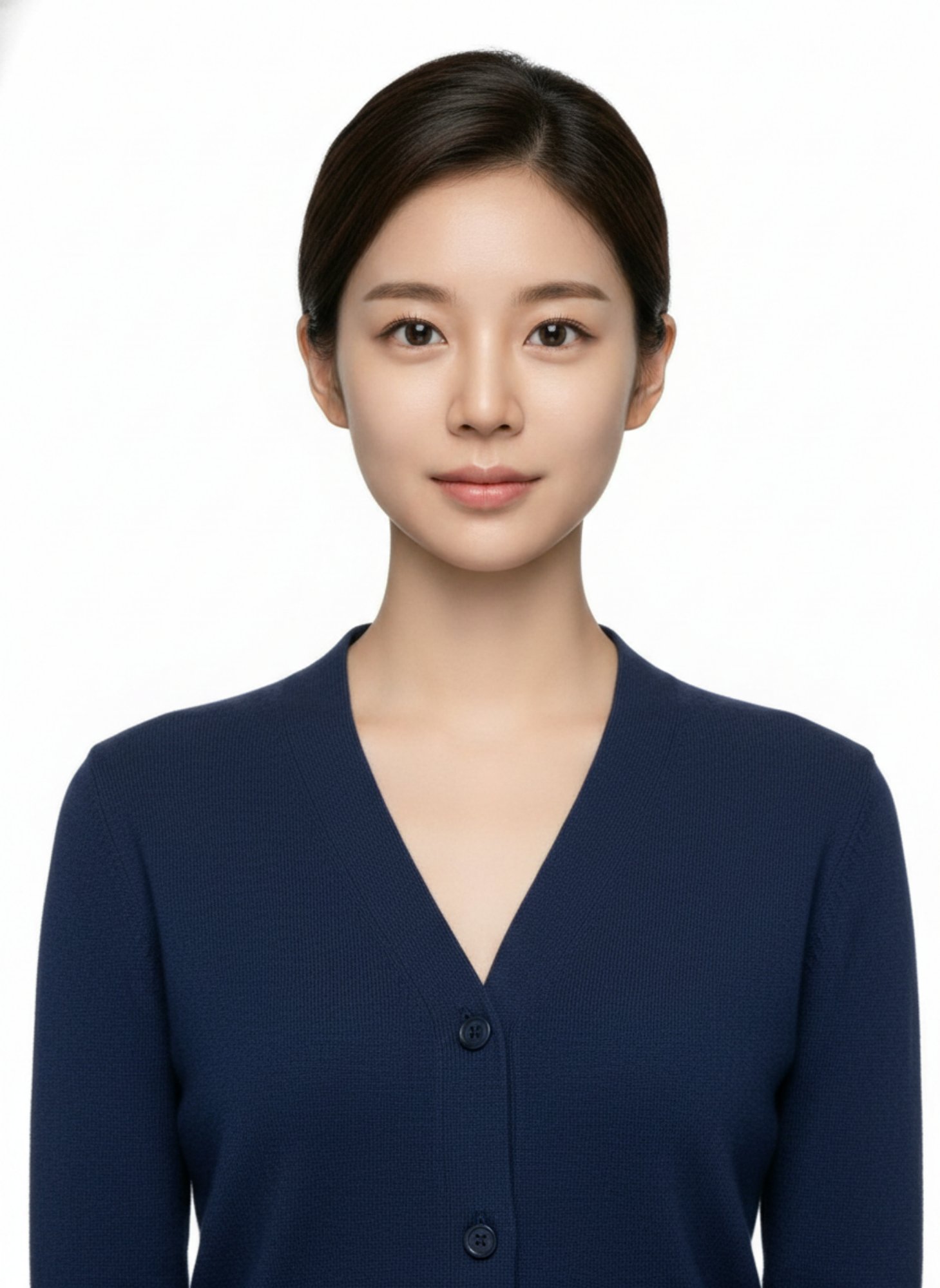 머리를 뒤로 묶고 남색 브이넥 카디건을 입은 인물의 흰 배경 증명사진