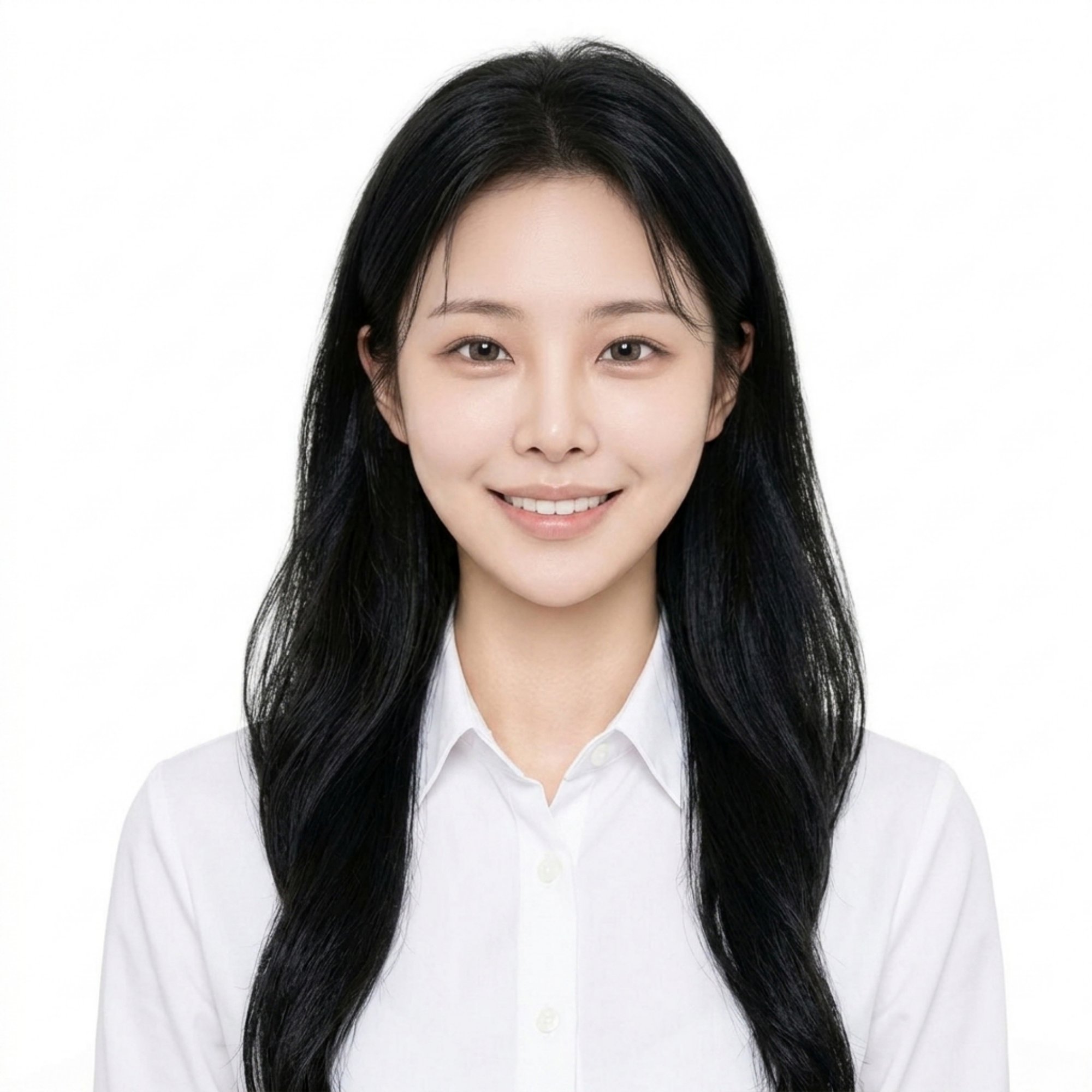 긴 생머리에 흰 셔츠를 입고 활짝 웃는 인물의 흰 배경 증명사진