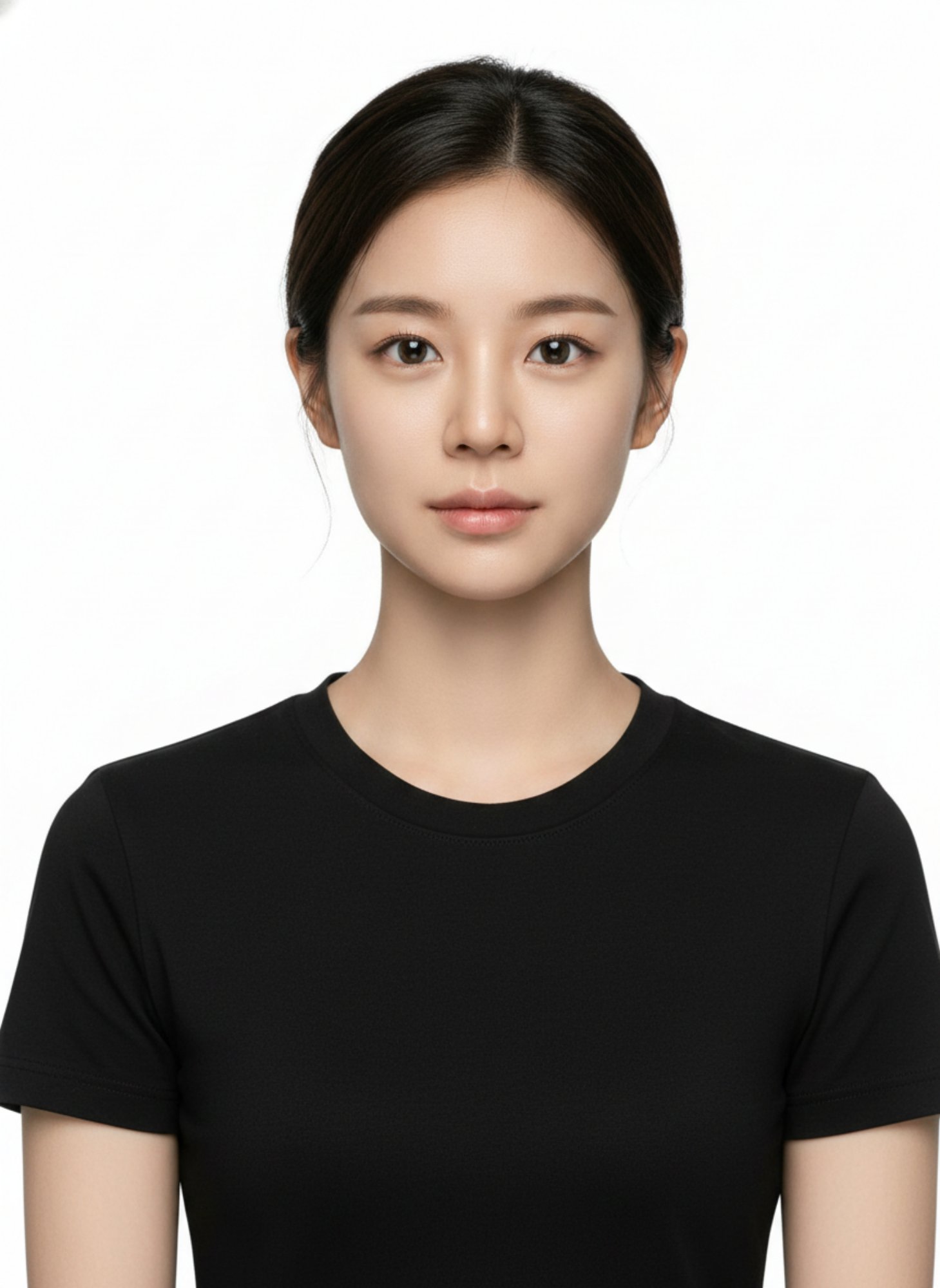 머리를 뒤로 묶고 검은 반팔 티셔츠를 입은 인물의 흰 배경 증명사진