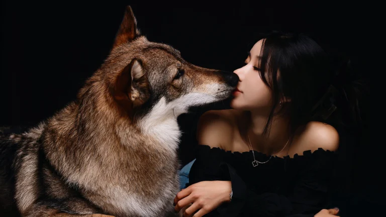개족사진 · 검정 배경에서 늑대개와 마주한 여성 · 이층사진관