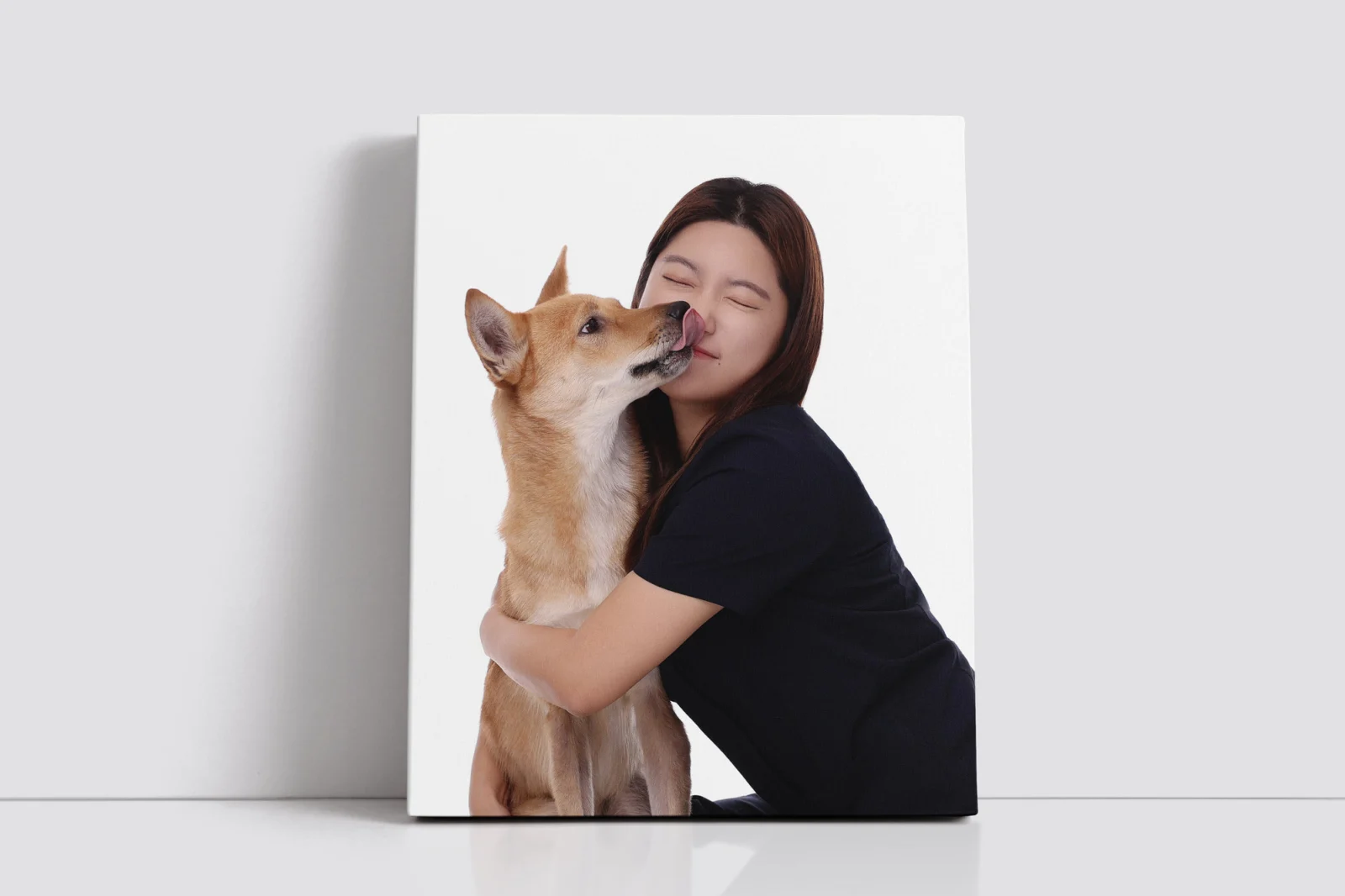 둘이함개 · 벽에 기댄 진돗개에게 입맞춤 받는 여성 캔버스 목업 · 이층사진관