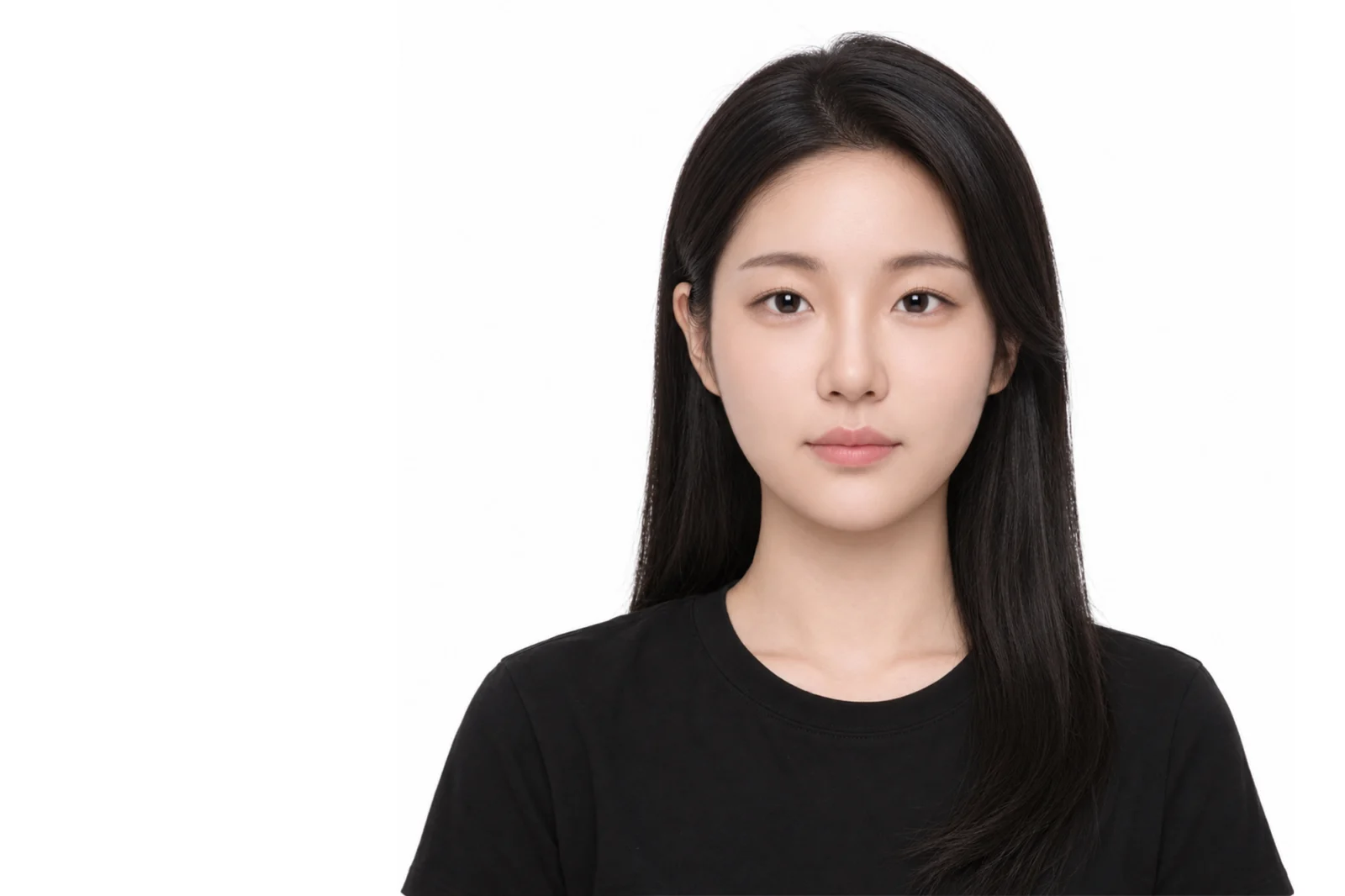 증명사진 · 흰 배경에서 검은 긴 생머리에 검정 라운드 티셔츠를 입은 모습 · 이층사진관