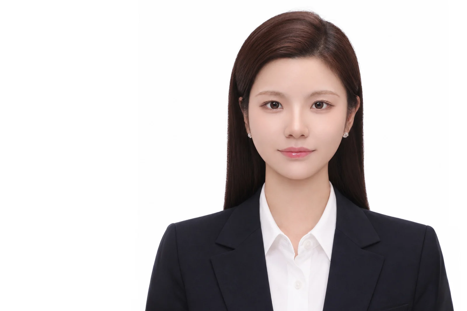 증명사진 · 갈색 긴 머리에 남색 재킷을 입은 취업 증명사진 · 이층사진관