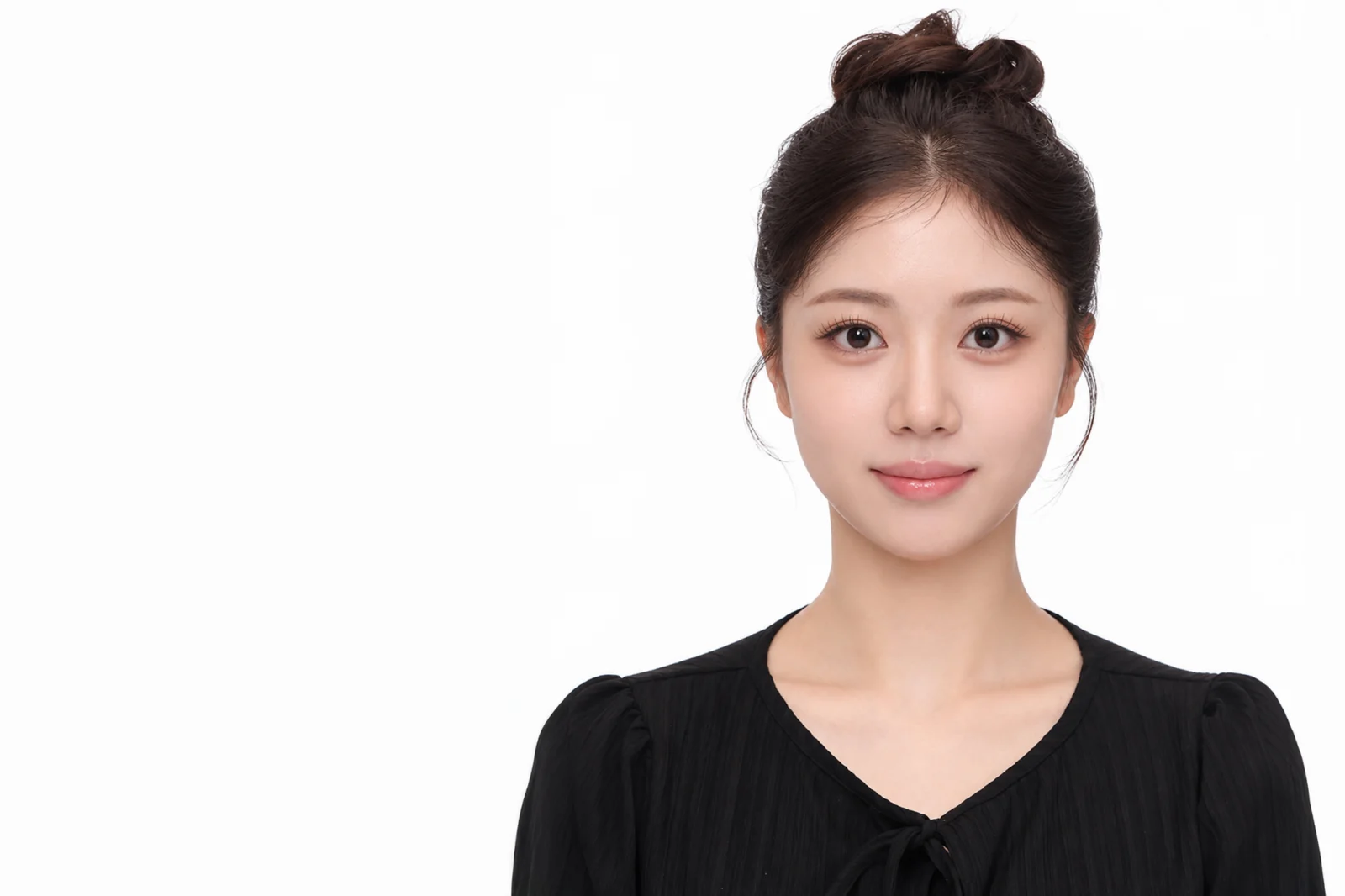증명사진 · 머리를 위로 올려 묶고 검정 블라우스를 입은 모습 · 이층사진관