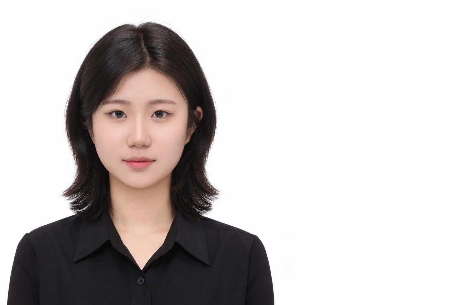 증명사진 · 어깨 길이 검은 머리에 검정 셔츠를 입은 모습 · 이층사진관