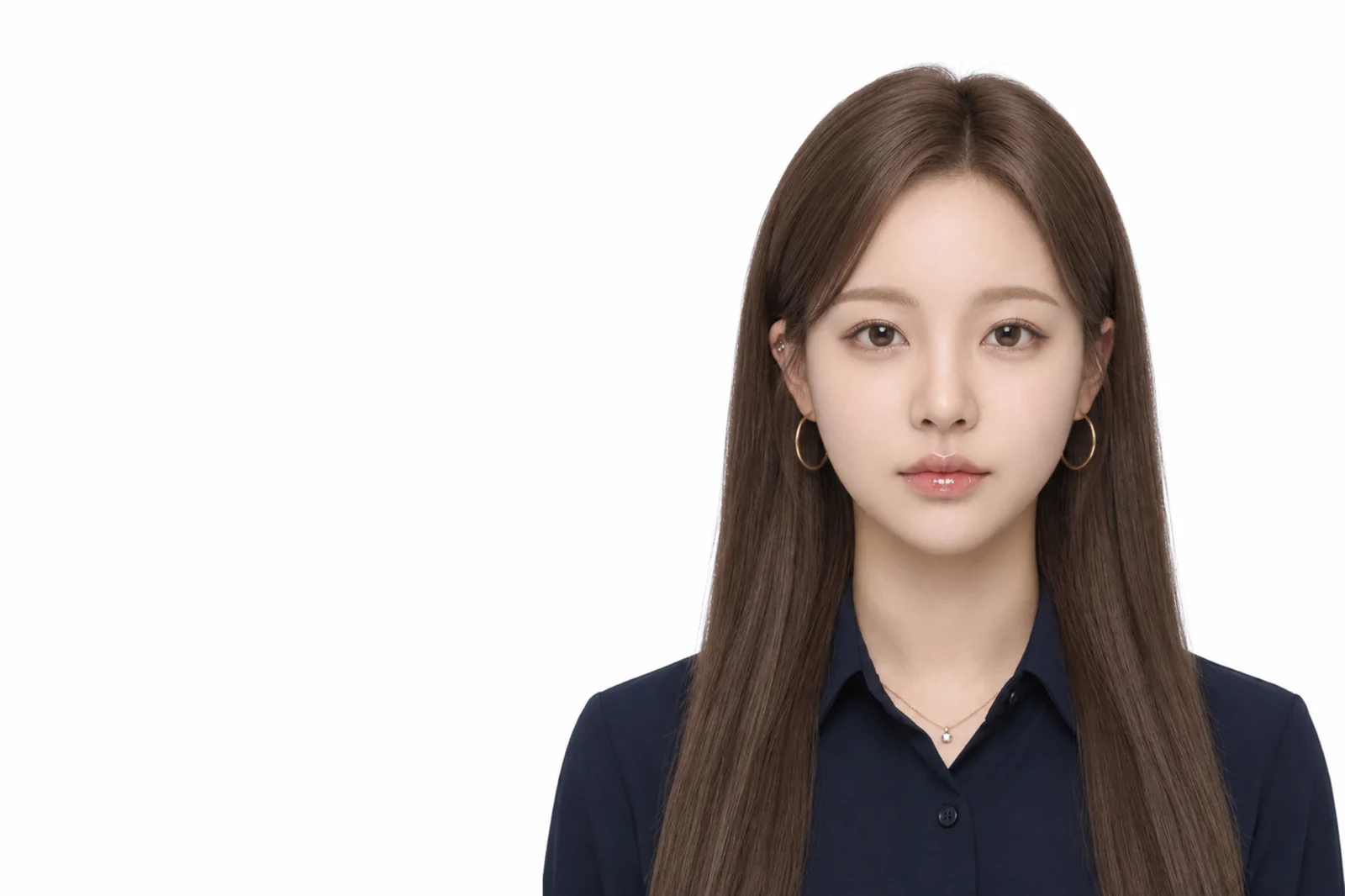 증명사진 · 밝은 갈색 긴 생머리에 남색 셔츠와 링 귀걸이를 한 모습 · 이층사진관