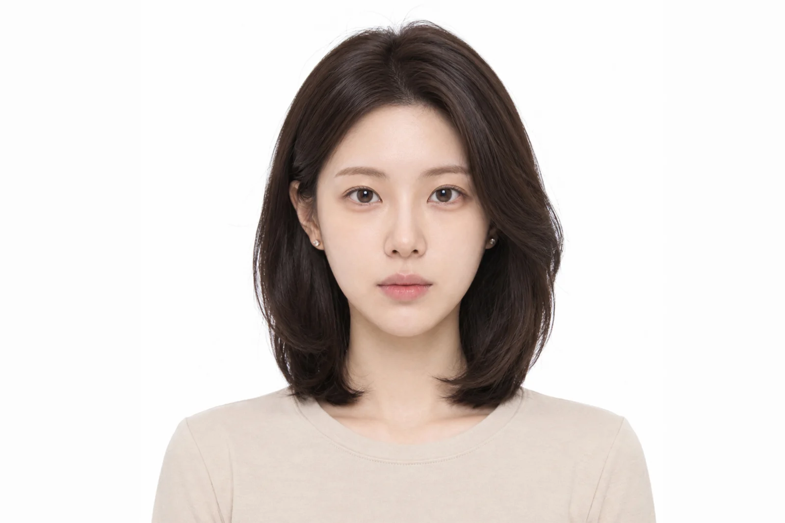 증명사진 · 어깨 길이 갈색 머리에 베이지 니트를 입은 모습 · 이층사진관