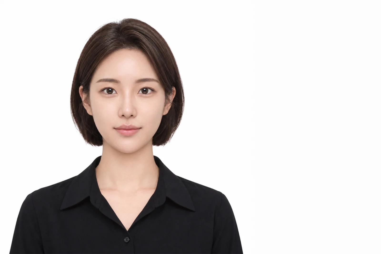 증명사진 · 갈색 단발에 검정 셔츠를 입은 모습 · 이층사진관