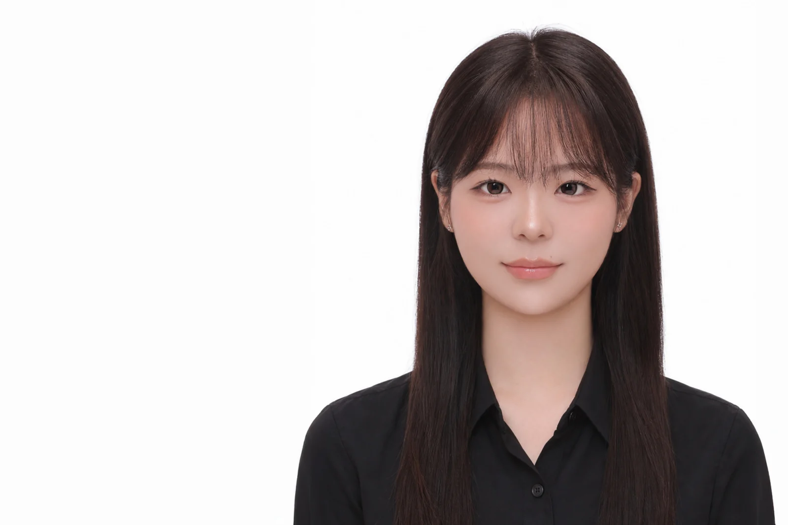 증명사진 · 앞머리가 있는 검은 긴 생머리에 검정 셔츠를 입은 모습 · 이층사진관