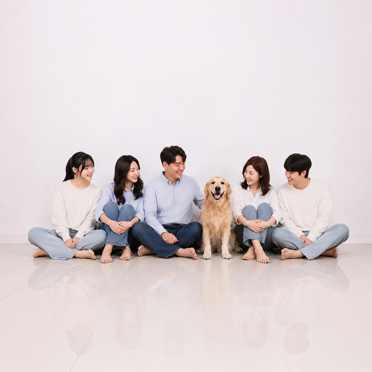 흰 벽 앞 바닥에 나란히 앉은 다섯 사람과 가운데 앉은 금빛 털의 강아지