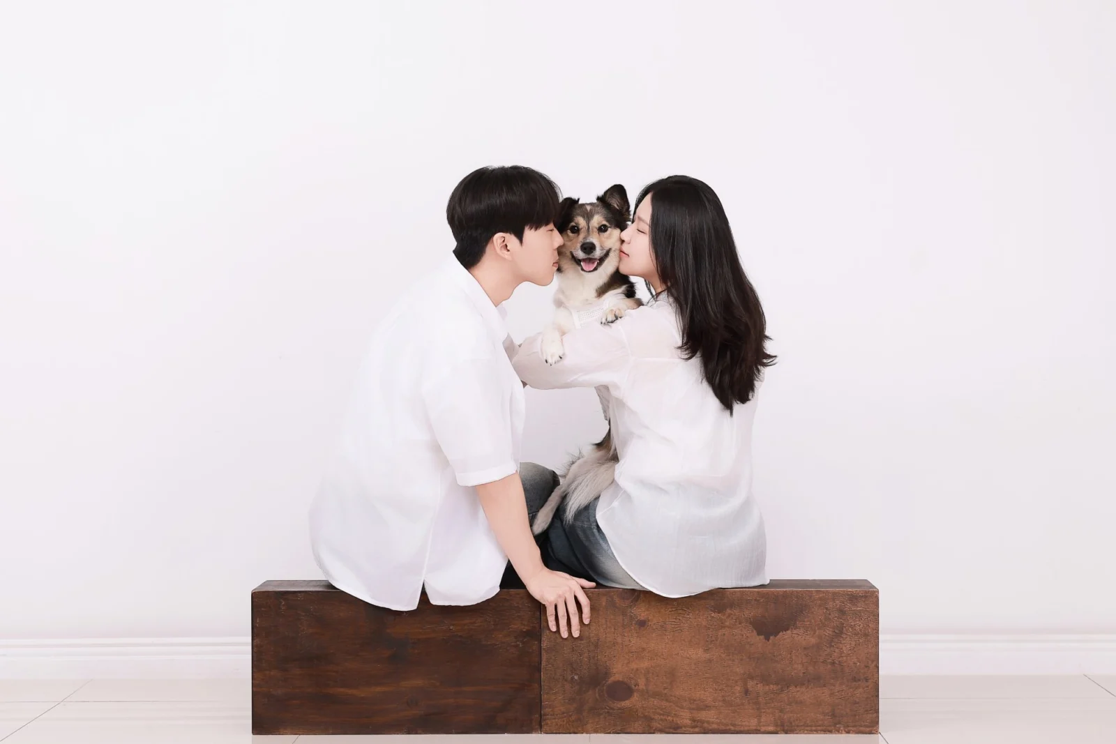 나무 상자에 앉아 가운데 강아지에게 양쪽에서 입을 맞추는 두 사람의 개족사진