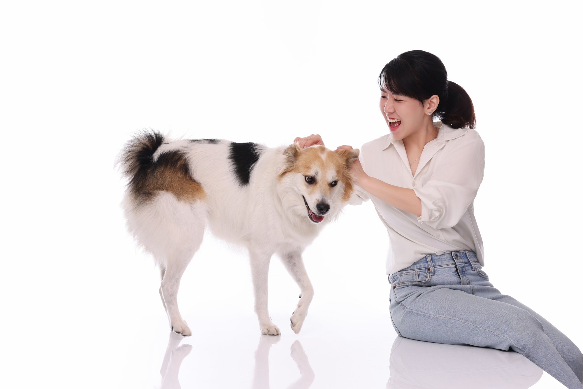 흰 배경에서 강아지를 쓰다듬으며 웃는 여성