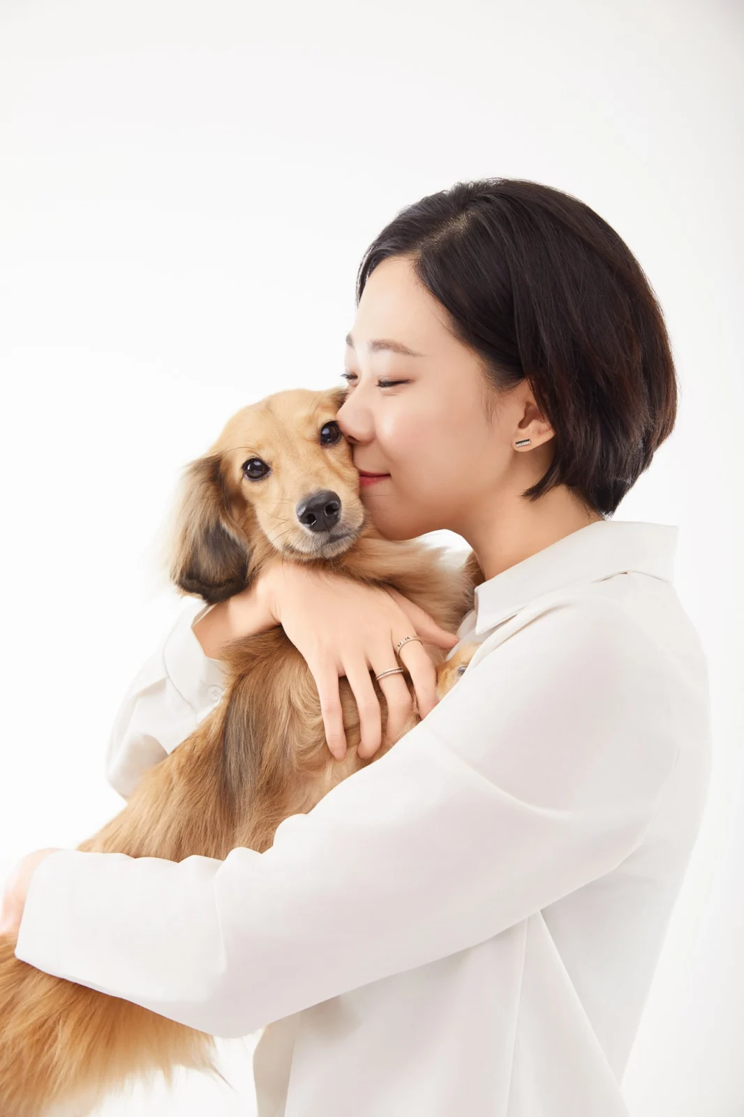흰 배경에서 갈색 장모 닥스훈트를 안고 볼을 댄 한 사람의 개족사진