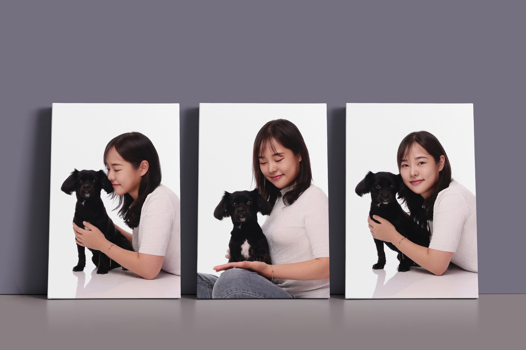 검은 강아지와 찍은 사진으로 만든 캔버스 액자 세 점