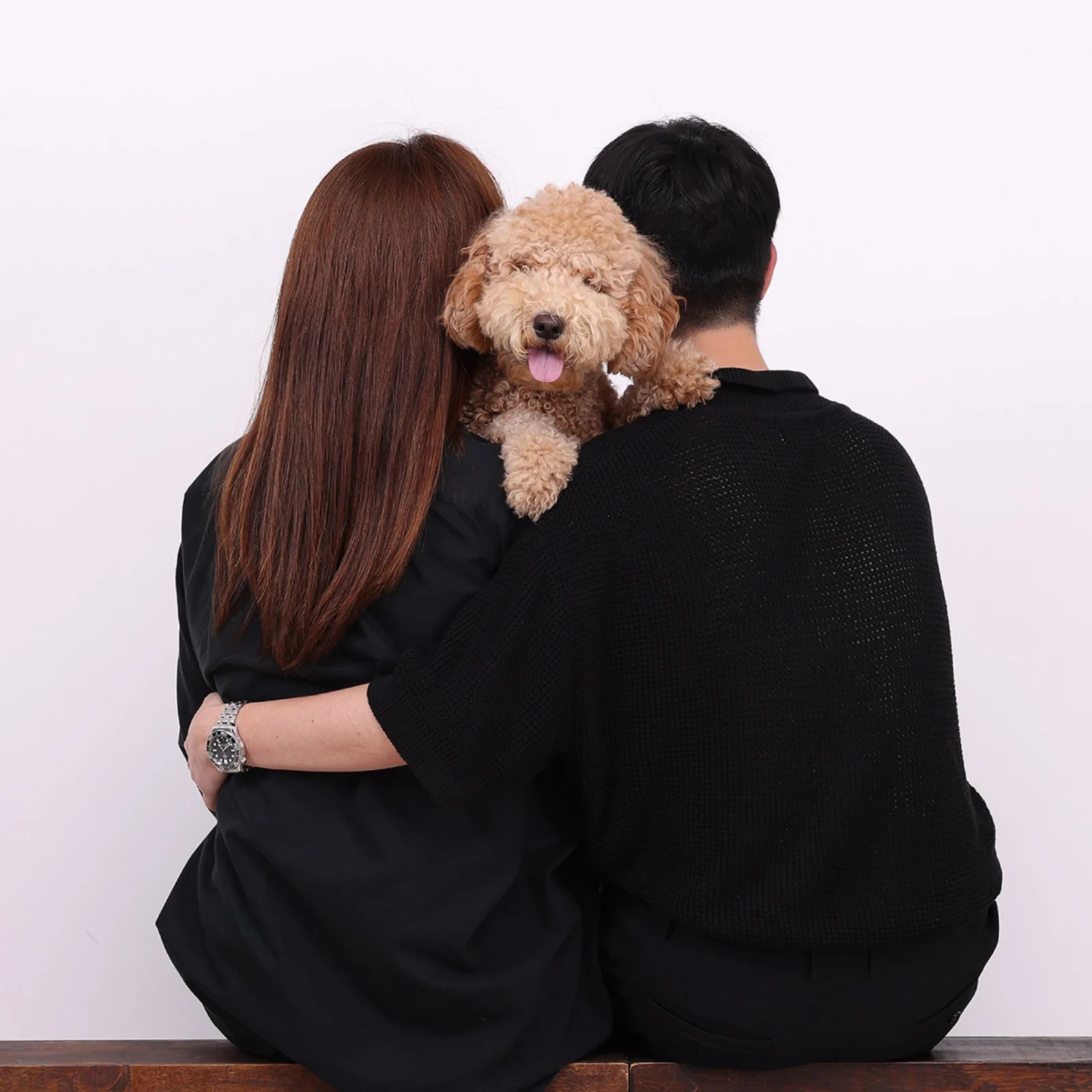 검은 옷 두 사람의 뒷모습 어깨 위로 갈색 곱슬털 강아지가 얼굴을 내민 정사각 개족사진
