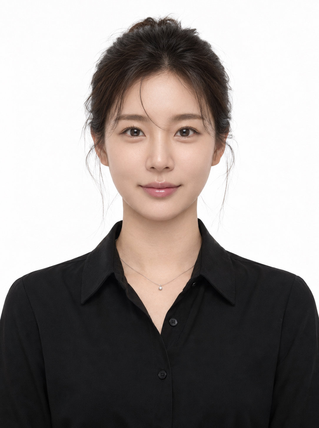증명사진 · 머리를 묶고 검정 셔츠를 입은 모습 · 이층사진관