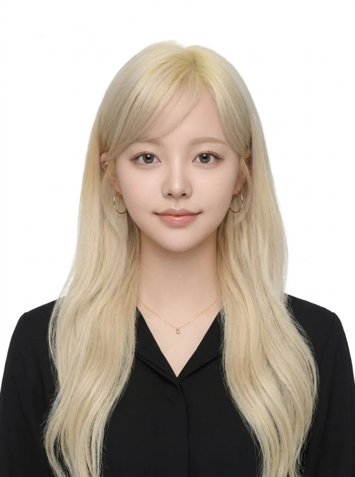 흰 배경에서 밝은 금발 긴 머리에 검정 블라우스를 입은 증명사진