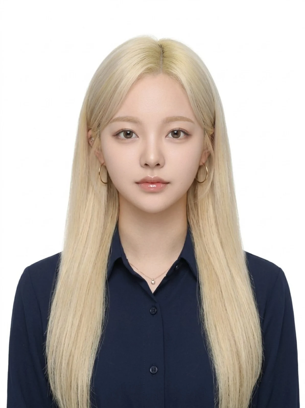 밝은 금발 긴 생머리에 남색 셔츠를 입은 정면 증명사진
