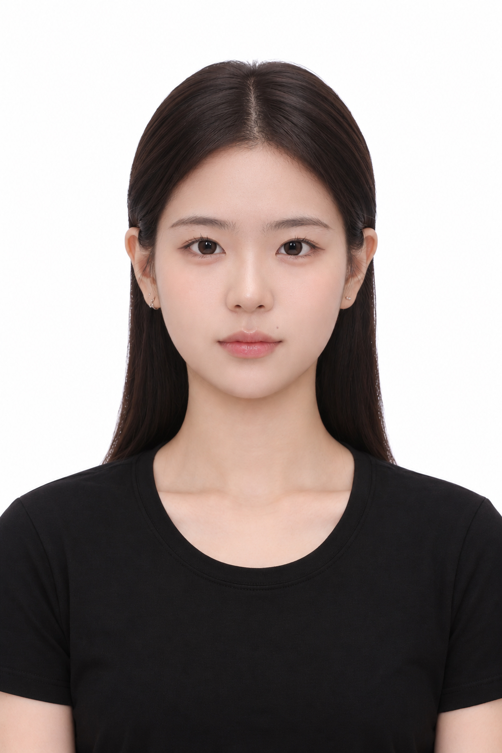 증명사진 · 긴 생머리에 검정 티셔츠를 입은 정면 모습 · 이층사진관