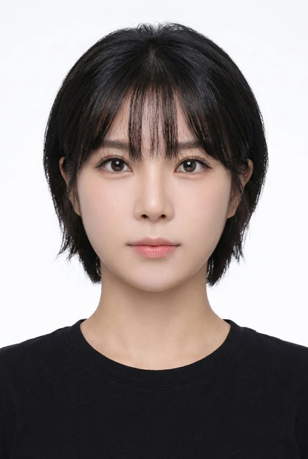 흰 배경에서 앞머리 있는 짧은 머리에 검정 티셔츠를 입은 증명사진